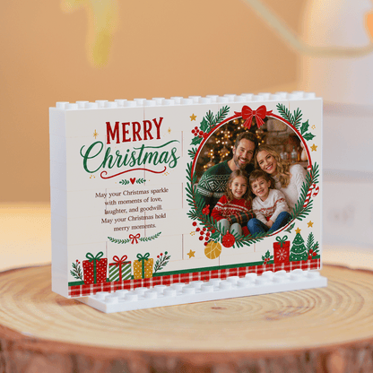 Personalized Photo Christmas Building Block in Cream White, Custom Family Picture Pine Wreath & Red Bow Brick Puzzle Keepsake Decor, Festive Holiday Desk Gift