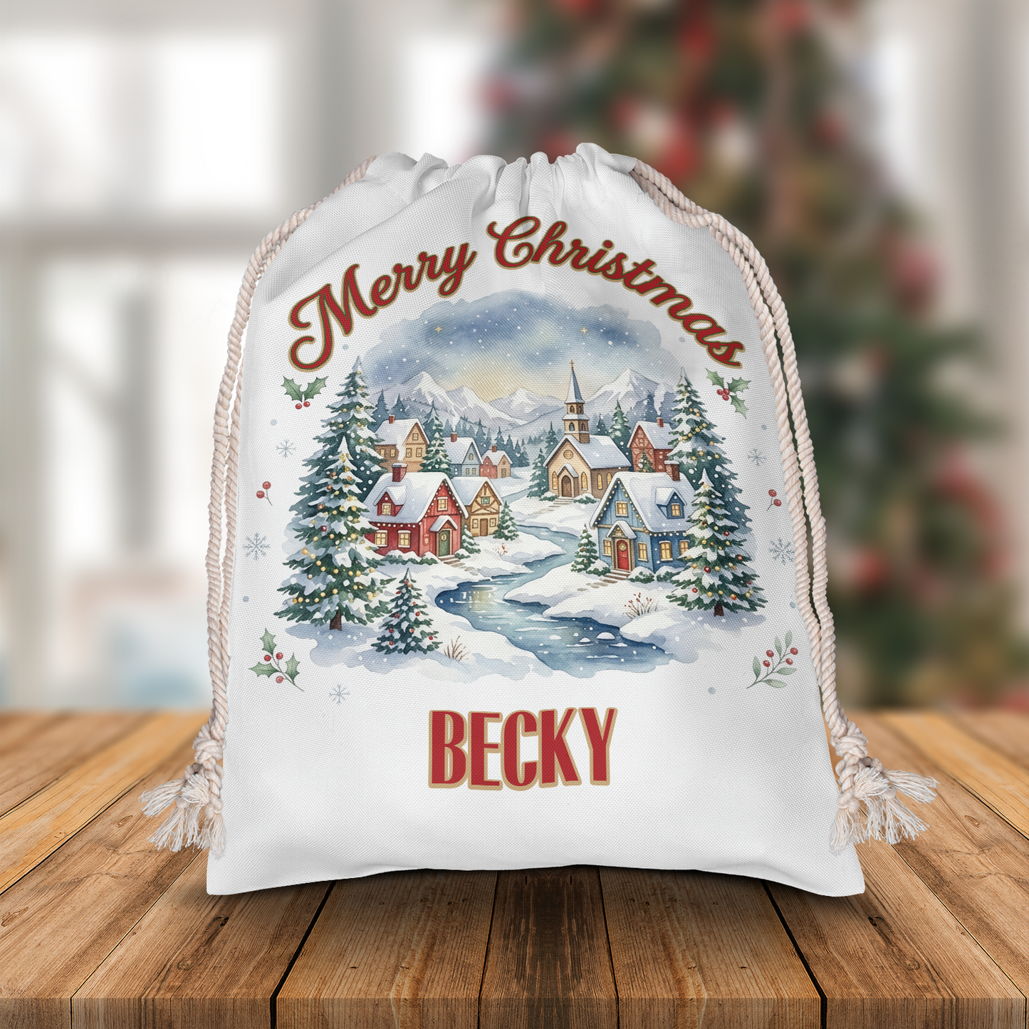 Personalized Merry Christmas Village Christmas Sack, Custom Name Santa Gift Bag