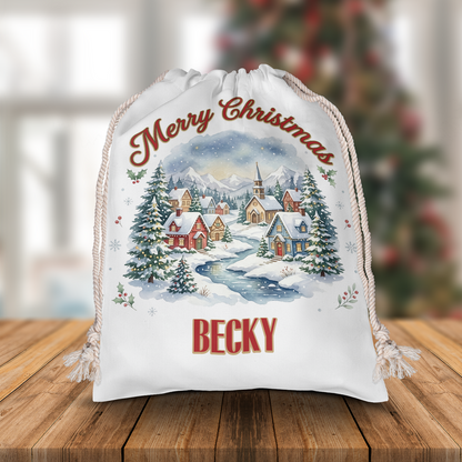 Personalized Merry Christmas Village Christmas Sack, Custom Name Santa Gift Bag