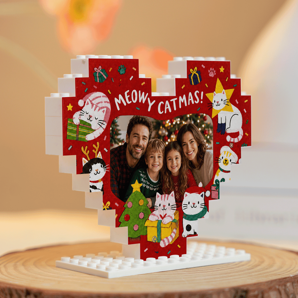 Personalized Photo Heart Building Block in Red, Custom Family Picture Cute Christmas Cats "Meowy Catmas" Brick Puzzle Keepsake Decor, Festive Holiday Desk Gift