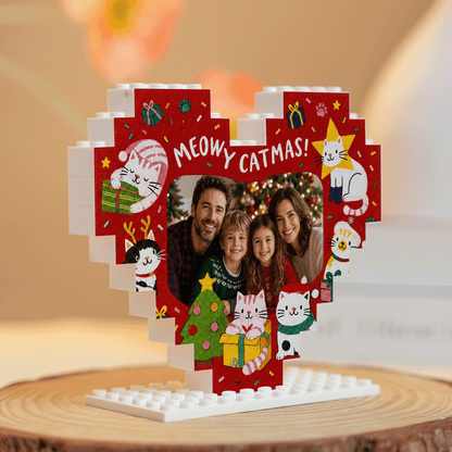 Personalized Photo Heart Building Block in Red, Custom Family Picture Cute Christmas Cats "Meowy Catmas" Brick Puzzle Keepsake Decor, Festive Holiday Desk Gift