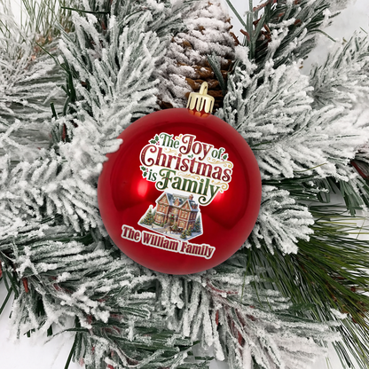 Personalized Family Name The Joy Of Christmas Is Family Red Ball Ornament, Custom Full Color Vintage Home Shatterproof Plastic Bauble