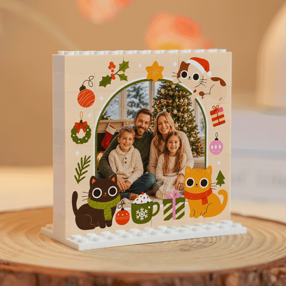 Personalized Photo Christmas Building Block in Cream, Custom Family Name Pine Wreath & Santa Brick Puzzle Keepsake Decor, Festive Holiday Desk Gift