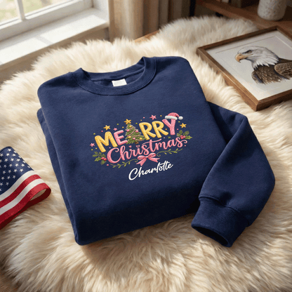 Personalized Embroidered Merry Christmas Typography Sweatshirt with Custom Name