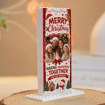 Personalized Photo Christmas Building Block in Red Plaid & Cream, Custom Family Picture Rustic Snowman & Gingerbread Brick Puzzle Keepsake Decor, Festive Holiday Desk Gift