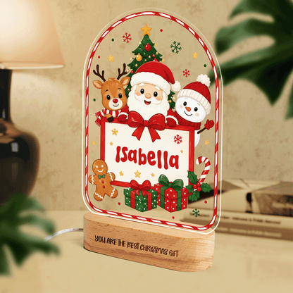 Custom Christmas Name Night Light - Personalized Kids Santa & Reindeer Acrylic Arch Night Light with Engraved Beech Wood Base