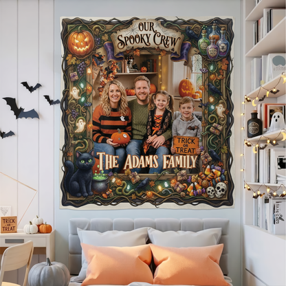 Personalized Halloween Our Spooky Crew Photo Tapestry, Custom Family Photo Name Wall Hanging Decor, Spooky Pumpkin Black Cat Party Backdrop