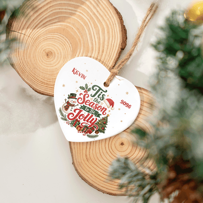 Personalized Tis the Season to Be Jolly Heart Ceramic Ornament, Custom Name Christmas Gift