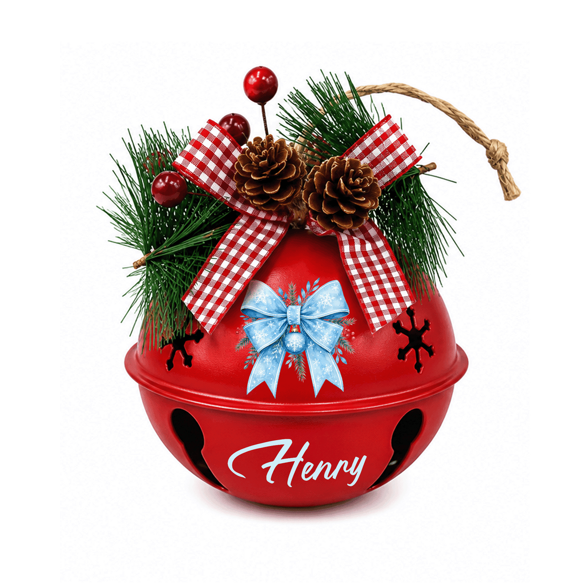 Personalized Winter Blue Ribbon White Jingle Bell Ornament, Custom Name Snowflake Holiday Tree Decor, Rustic Metal Bell with Bow & Pinecone Accents