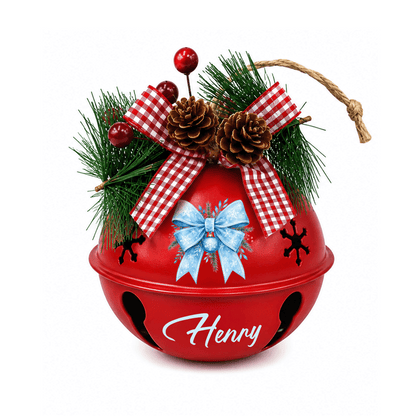 Personalized Winter Blue Ribbon White Jingle Bell Ornament, Custom Name Snowflake Holiday Tree Decor, Rustic Metal Bell with Bow & Pinecone Accents