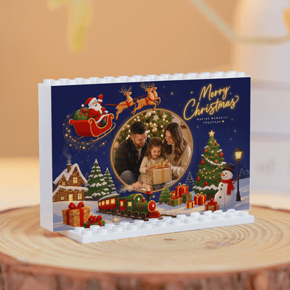 Personalized Photo Christmas Building Block in Midnight Navy, Custom Family Picture Santa Sleigh & Holiday Express Train Brick Puzzle Keepsake Decor, Festive Holiday Desk Gift