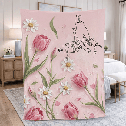 Personalized Mom Blanket with Names – Custom Holding Hands Design Gift for Mother