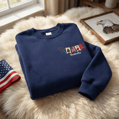 Personalized Christmas American Flag Banner Embroidered Sweatshirt | Custom Name Holiday Crewneck Gift