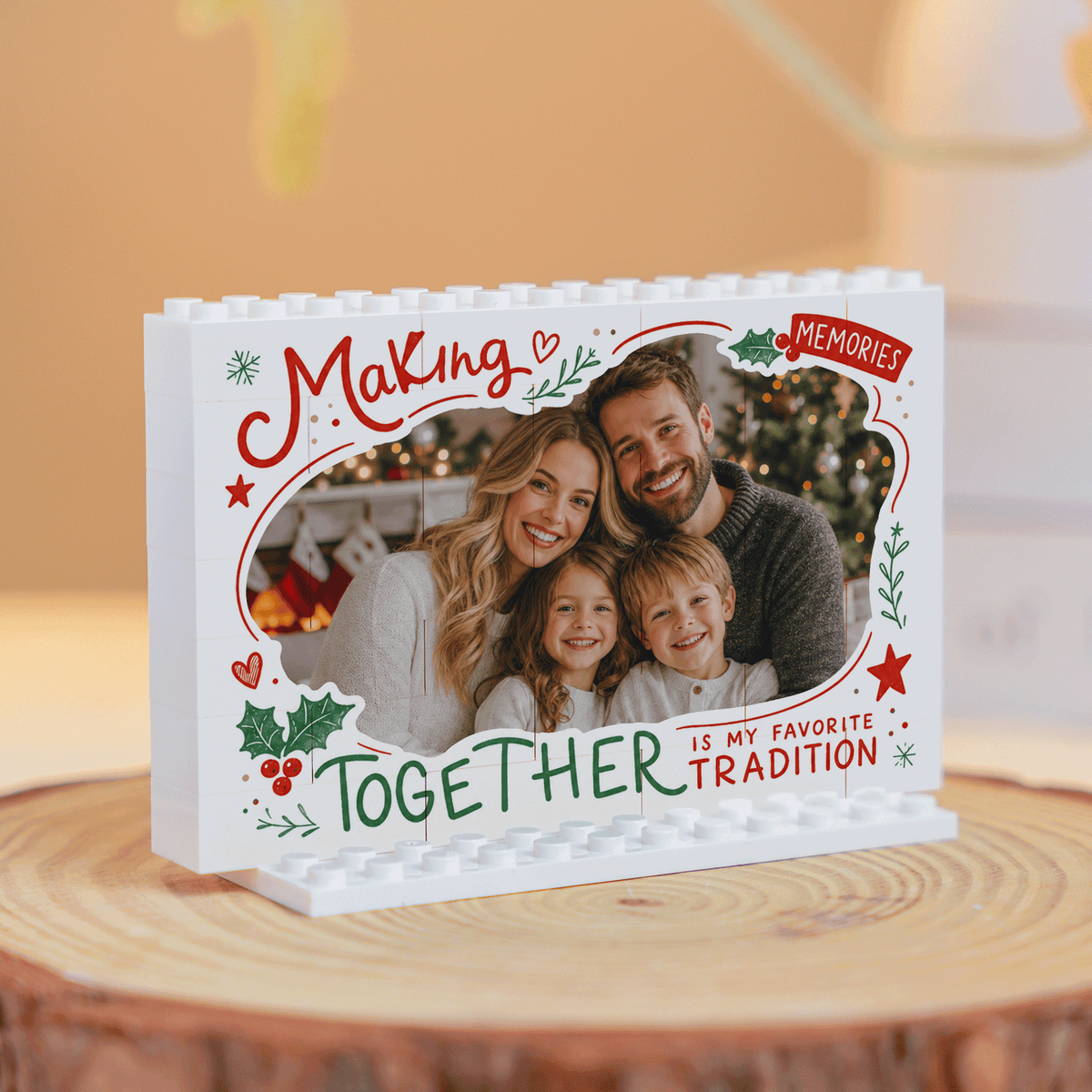 Personalized Photo Christmas Building Block in White Shiplap, Custom Family Picture "Making Memories Together Is My Favorite Tradition" Brick Puzzle Keepsake Decor, Festive Holiday Desk Gift