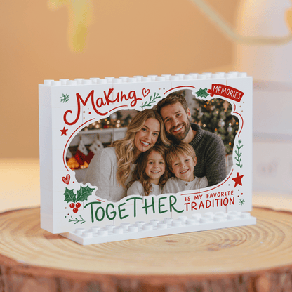 Personalized Photo Christmas Building Block in White Shiplap, Custom Family Picture "Making Memories Together Is My Favorite Tradition" Brick Puzzle Keepsake Decor, Festive Holiday Desk Gift
