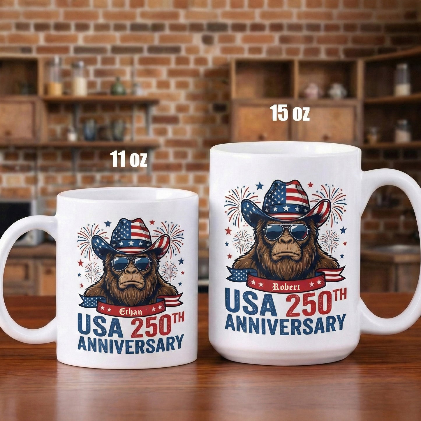 USA 250th Anniversary Personalized White Mug – America 250 Patriotic Cowboy Bigfoot Mug
