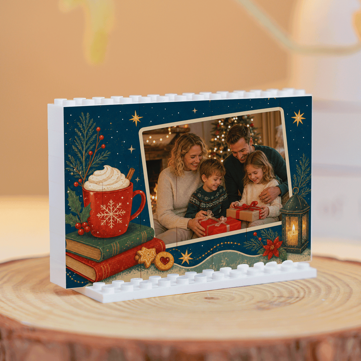 Personalized Photo Christmas Building Block in Midnight Blue, Custom Family Picture Hot Cocoa Mug & Candle Lantern Brick Puzzle Keepsake Decor, Festive Holiday Desk Gift