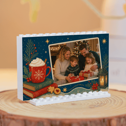 Personalized Photo Christmas Building Block in Midnight Blue, Custom Family Picture Hot Cocoa Mug & Candle Lantern Brick Puzzle Keepsake Decor, Festive Holiday Desk Gift