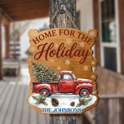 Personalized Red Truck Custom Shape Wood Sign, Custom Family Name Home For The Holiday Vintage Wooden Hanging Plaque, Festive Christmas Door & Wall Decor Family Gift