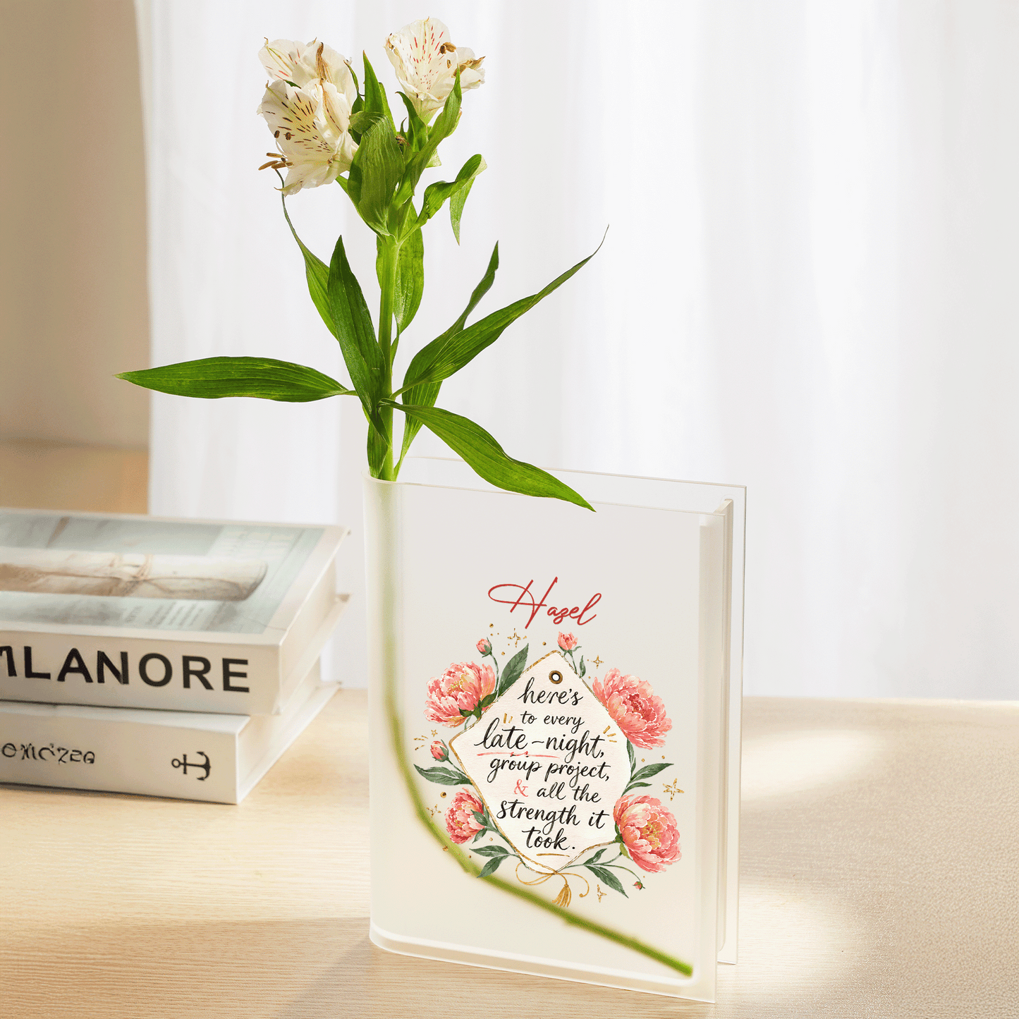 Personalized Here's to Every Late Night Acrylic Book Vase, Custom Name Graduation Flower Vase