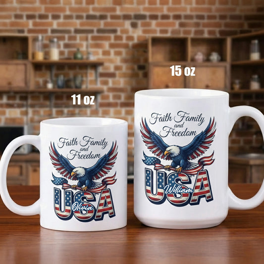 Faith Family and Freedom USA Personalized White Mug - America 250 Years Patriotic Eagle Mug