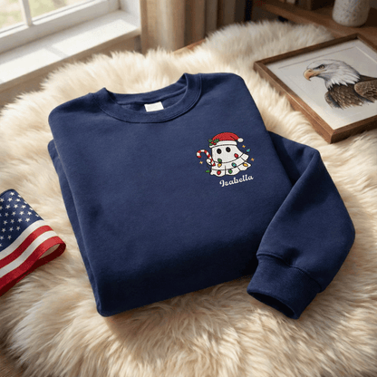 Personalized Cute Christmas Ghost Embroidered Sweatshirt, Custom Name Spooky Holiday Crewneck, Funny Christmas Ghost Sweatshirt Gift