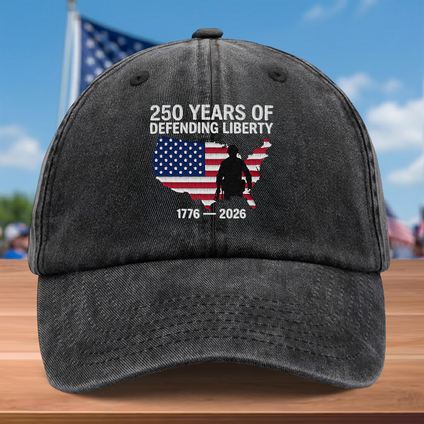 250 Years of Defending Liberty 1776-2026 Embroidered Washed Denim Baseball Cap – Custom Name Patriotic USA Military Anniversary Hat