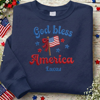 God Bless America - Patriotic USA Flag Sweater Design | Independence Day Embroidered Sweatshirt Graphic