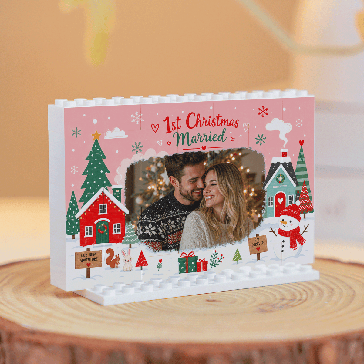 Personalized Photo Christmas Building Block in Blush Pink, Custom Couple First Christmas Married Photo Winter Houses & Snowman Brick Puzzle Keepsake Decor, Holiday Gift for Newlyweds