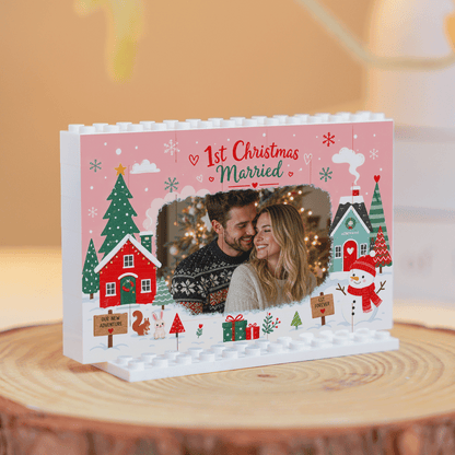Personalized Photo Christmas Building Block in Blush Pink, Custom Couple First Christmas Married Photo Winter Houses & Snowman Brick Puzzle Keepsake Decor, Holiday Gift for Newlyweds