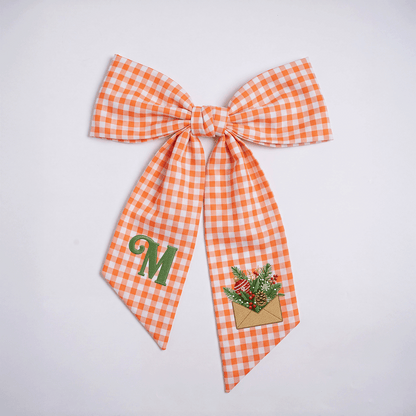 Custom Letter Christmas Envelope Embroidered Linen Wreath Sash, Personalized Monogram Holiday Bow Sash for Front Door Decor