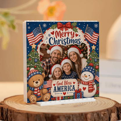 Personalized Photo Christmas Building Block in Navy Blue & Red, Custom Family Picture Patriotic God Bless America Snowman Brick Puzzle Keepsake Decor, Festive Holiday Desk Gift