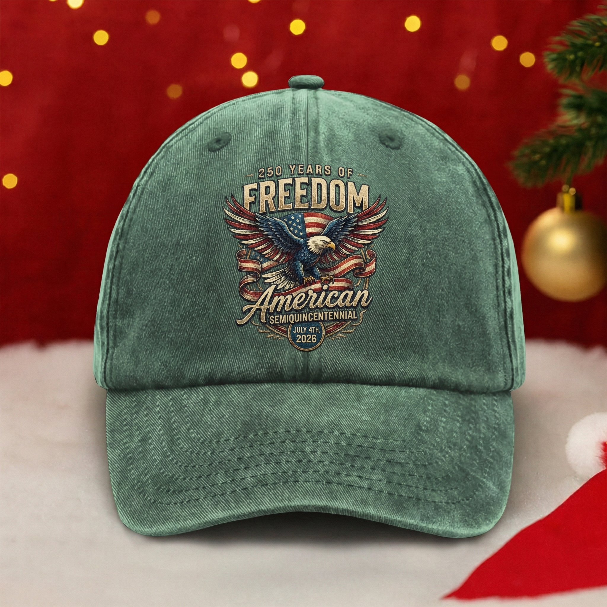 250 Years of Freedom American Eagle Washed Denim Baseball Cap – Custom Name Patriotic USA Hat 1776-2026