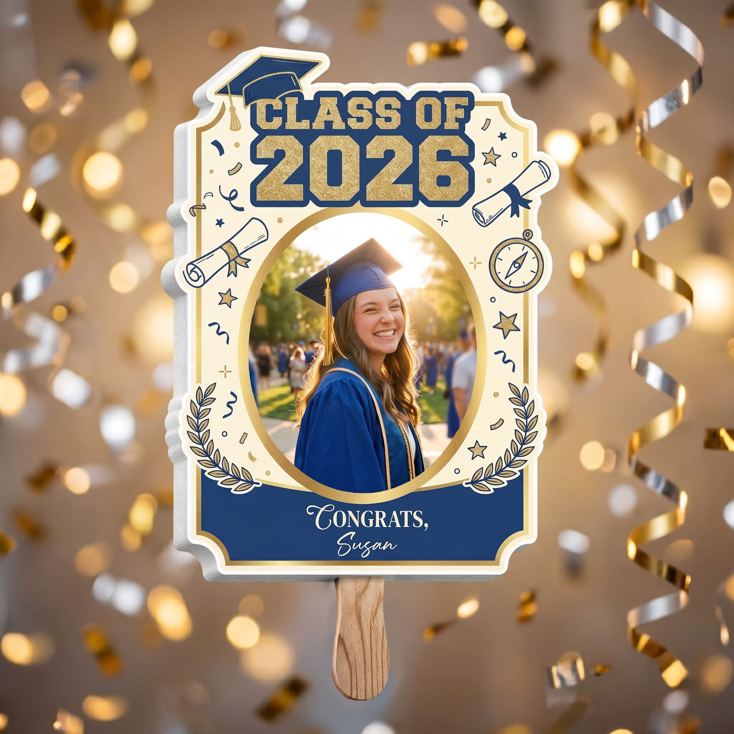 Personalized Class of 2026 Custom Shape Photo Hand Fan, Graduation Party Fan with Photo & Name