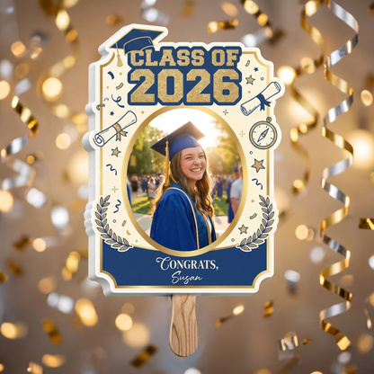 Personalized Class of 2026 Custom Shape Photo Hand Fan, Graduation Party Fan with Photo & Name