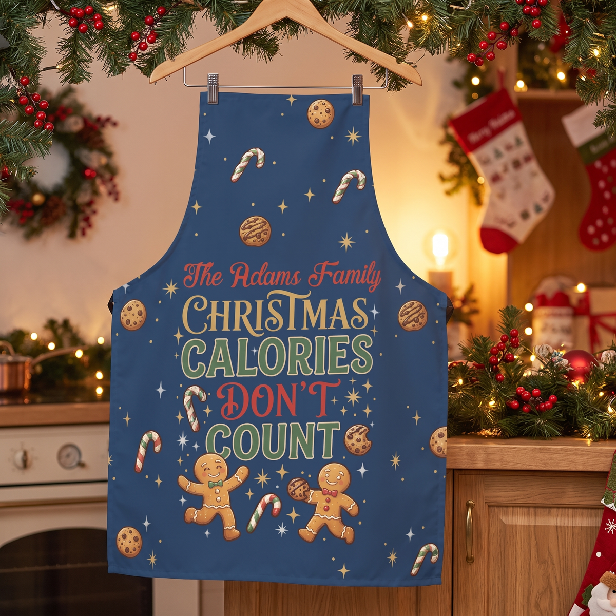 Personalized Christmas Calories Don't Count Gingerbread Apron with Custom Name, Blue Christmas Baking Apron, Funny Holiday Kitchen Gift for Family