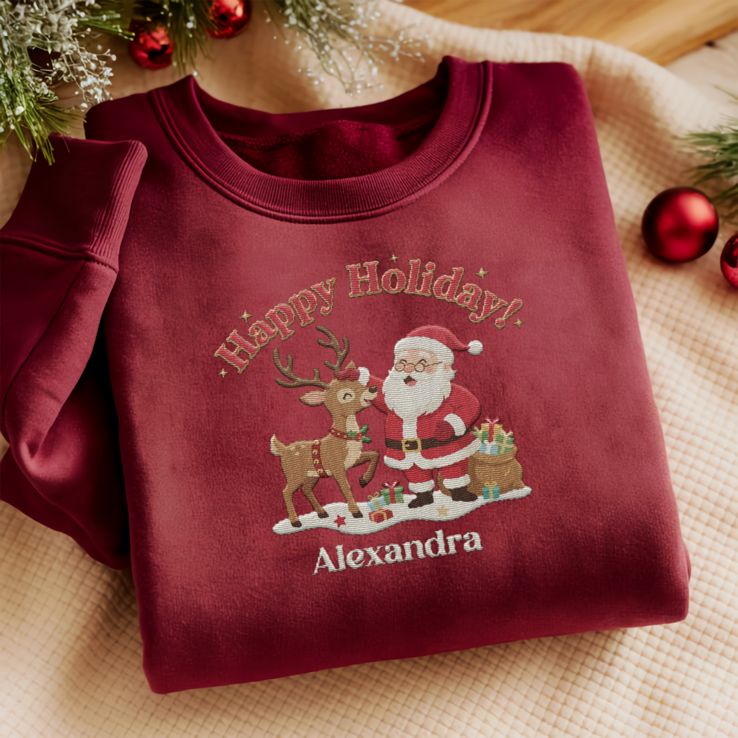 Personalized Santa & Reindeer Christmas Sweatshirt with Custom Name | Cozy Holiday Crewneck Gift