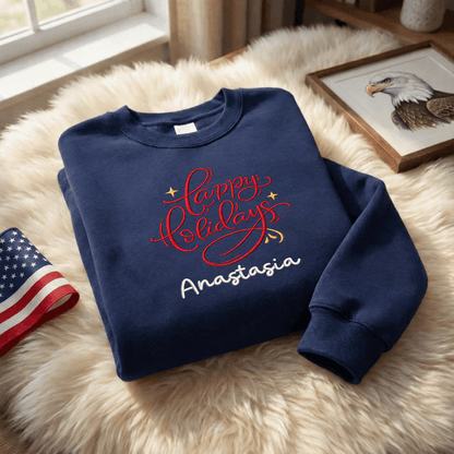 Navy red Happy Holidays sweatshirt on a fur rug with a flag and eagle print