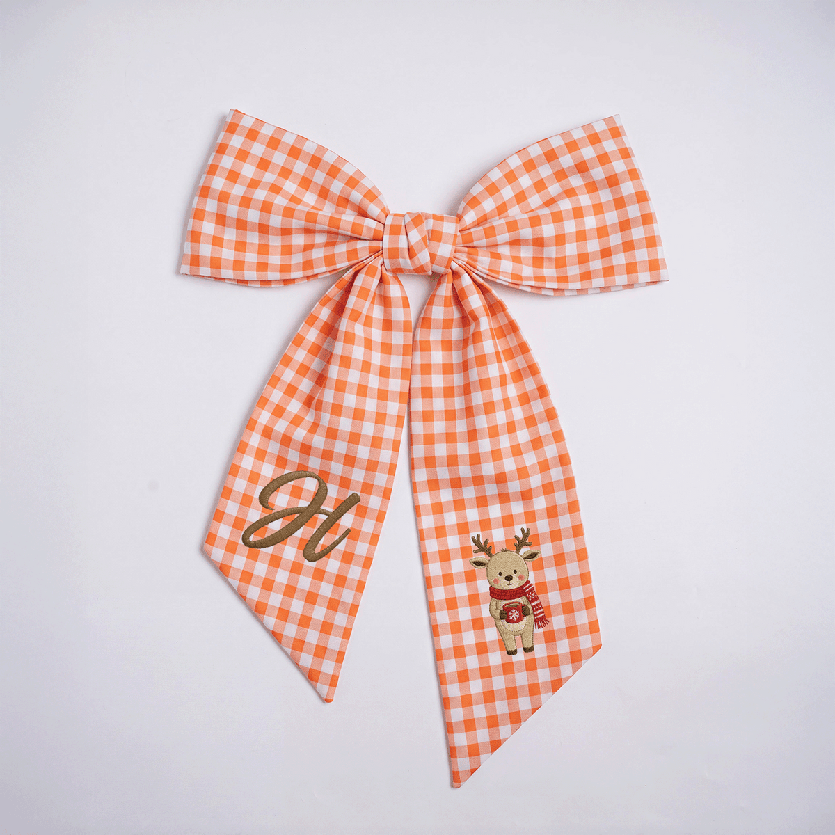 Custom Letter Christmas Reindeer Embroidered Linen Wreath Sash, Personalized Monogram Holiday Bow Sash for Door Decor