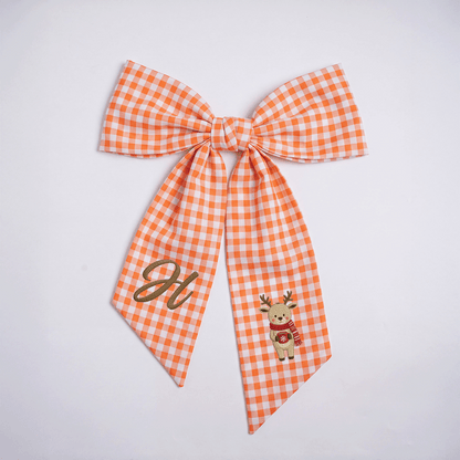Custom Letter Christmas Reindeer Embroidered Linen Wreath Sash, Personalized Monogram Holiday Bow Sash for Door Decor