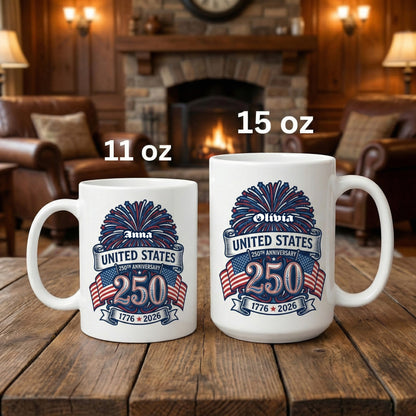 United States 250th Anniversary Personalized White Mug – Custom Name America 1776–2026 Fireworks Mug