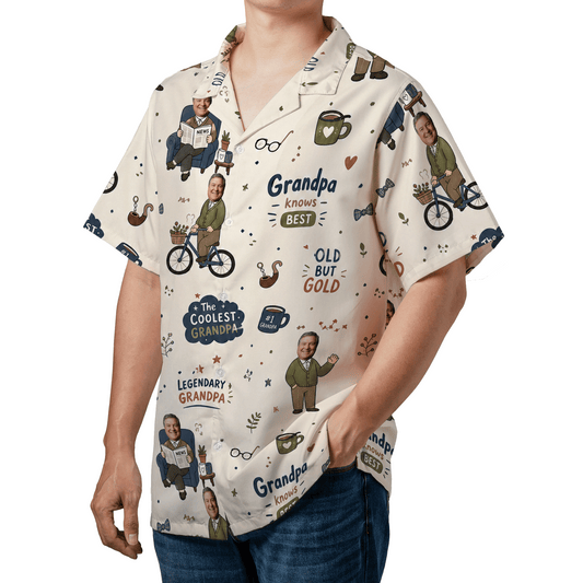 Angled view of a man in the cream Coolest Grandpa Hawaiian shirt with Legendary Grandpa and coffee mug prints