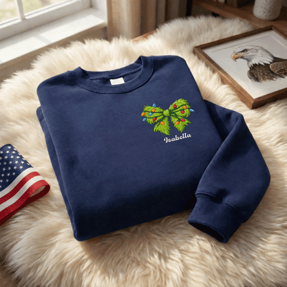 Personalized Christmas Bow Embroidered Sweatshirt, Custom Name Holiday Crewneck, Cute Christmas Sweatshirt Gift for Women, Kids & Family