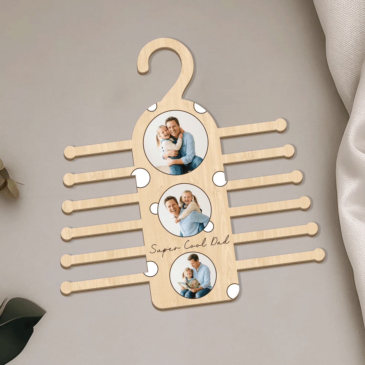 Personalized “Super Cool Dad” Tie Hanger – Custom Photo Wooden Organizer Gift