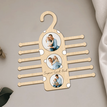 Personalized “Super Cool Dad” Tie Hanger – Custom Photo Wooden Organizer Gift