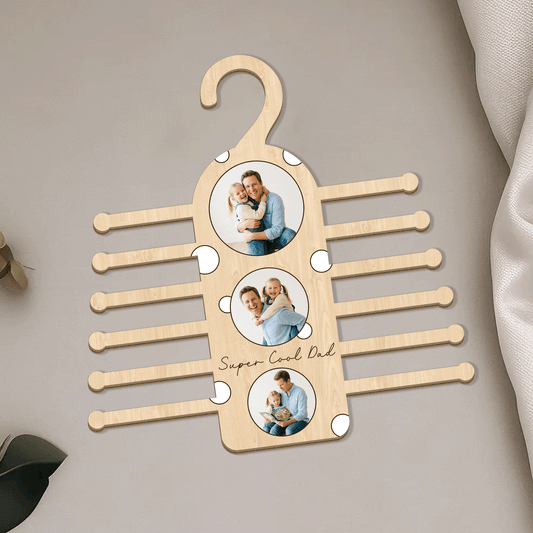 Personalized "Super Cool Dad" Tie Hanger - Custom Photo Wooden Organizer Gift