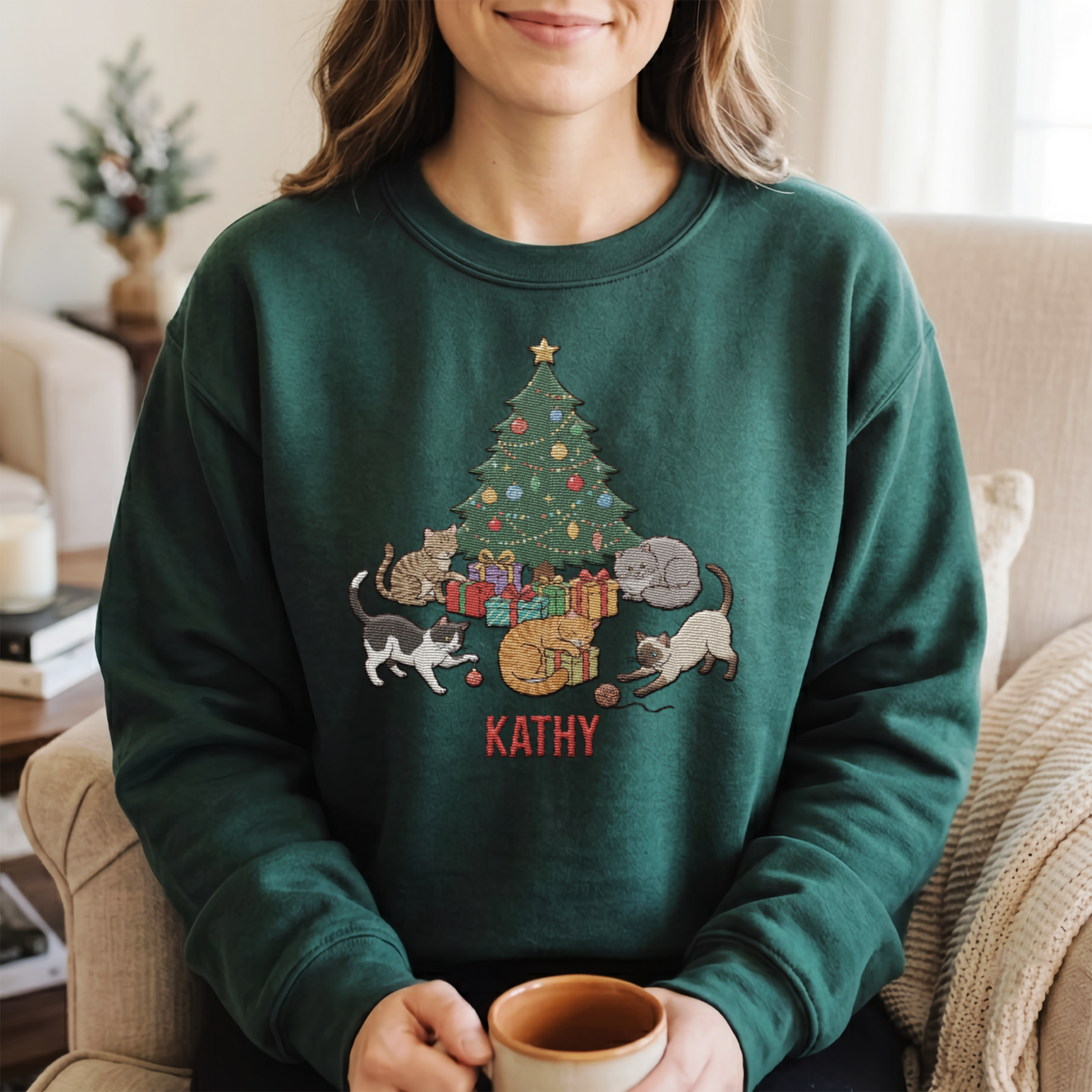Personalized Christmas Cat Lover Sweatshirt with Custom Name | Cozy Holiday Cats Around Tree Crewneck