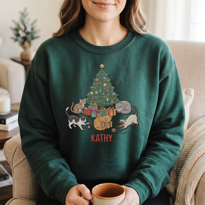 Personalized Christmas Cat Lover Sweatshirt with Custom Name | Cozy Holiday Cats Around Tree Crewneck