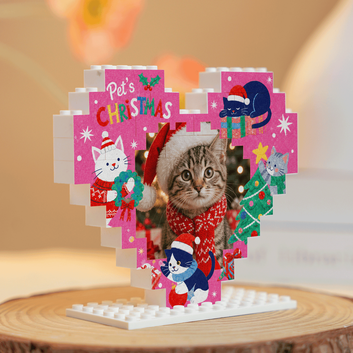 Personalized Photo Christmas Building Block Heart Shape in Magenta Pink, Custom Cat Photo Pet's Christmas Cute Kittens & Christmas Tree Brick Puzzle Keepsake Decor, Holiday Gift for Cat Lovers