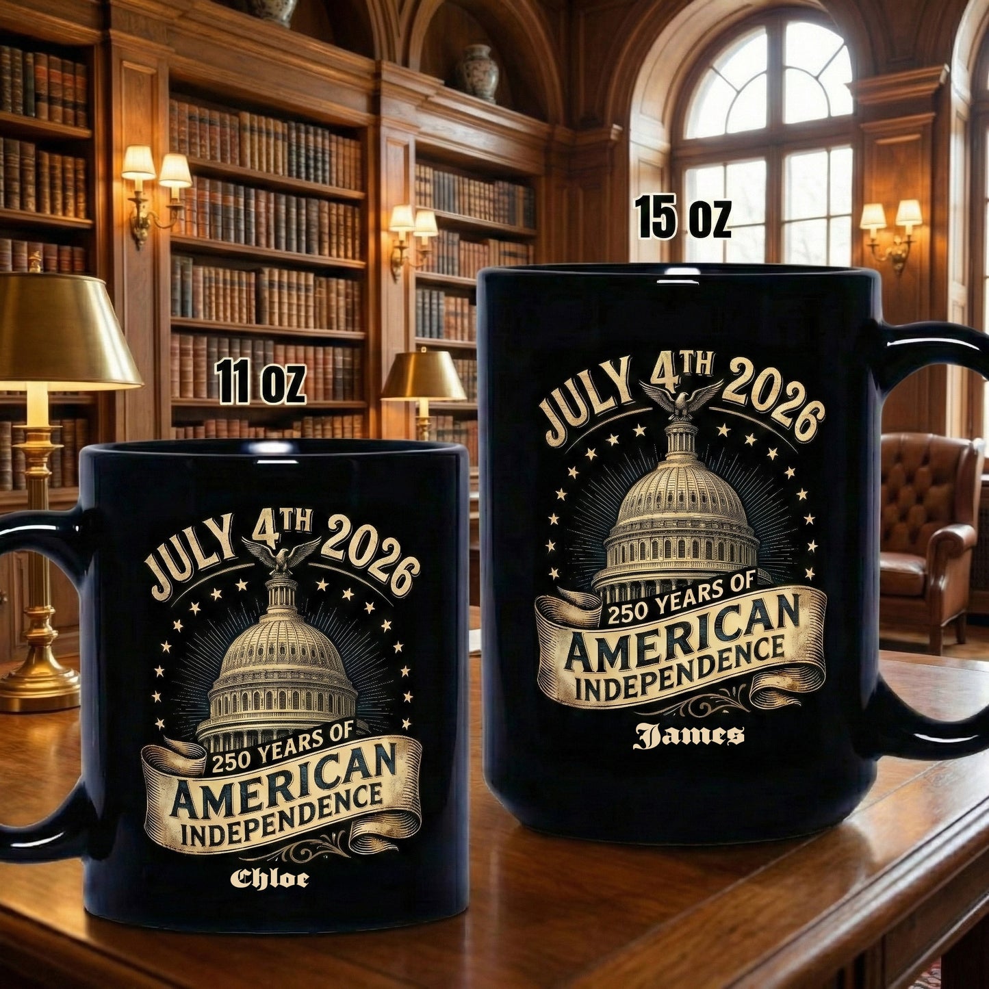 July 4th 2026 America 250 Personalized Black Mug – Custom Name 250 Years of American Independence Mug
